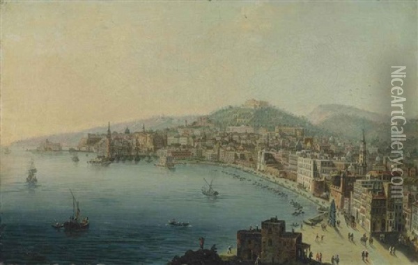 A View Of The Bay Of Naples, With Figures On The Riviera Di Chiaia Oil Painting - Pietro Antoniani