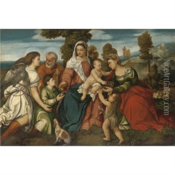 The Holy Family With Saint Dorothy And The Infant John The Baptist, And Tobias With An Angel Oil Painting - Bonifazio de Pitati