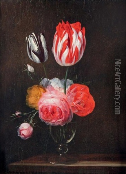 Vase De Tulipes Et De Roses Sur Un Entablement Oil Painting - Jan van den Hecke the Elder