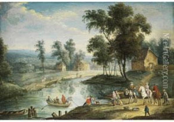 Figurenreiche Landschaft Mit 
Kleinem Flusslauf Und Seitlichunter Baumen Stehenden Hausern Oil Painting - Karel Beschey