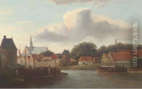A Dutch River Town With Barges Oil Painting - Cornelis Springer