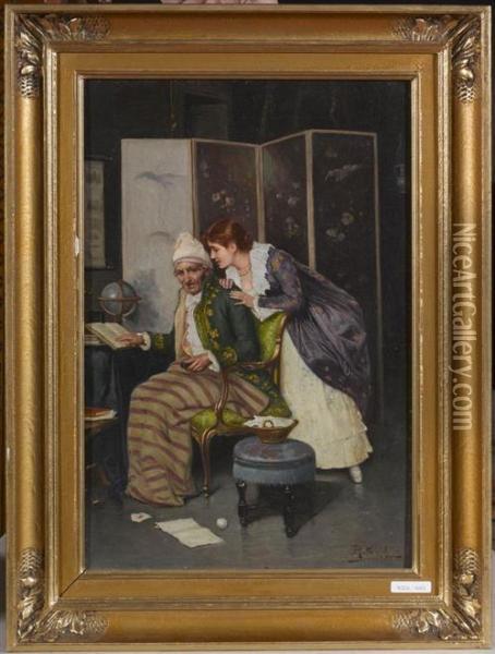 Interieur Mit Paar. 1894. Oil Painting - Albert Bettannier