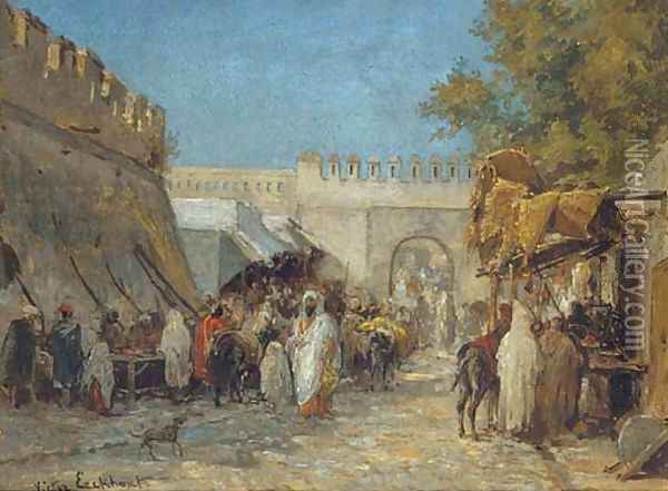 Arabs in a bustling bazaar Oil Painting - Victor Eeckhout