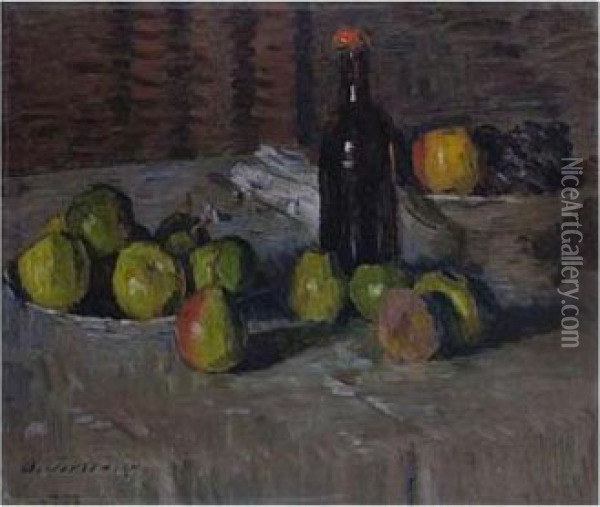 Stilleben Mit Apfeln Und Flasche (still Life With Apples And A Bottle) Oil Painting - Alexei Jawlensky