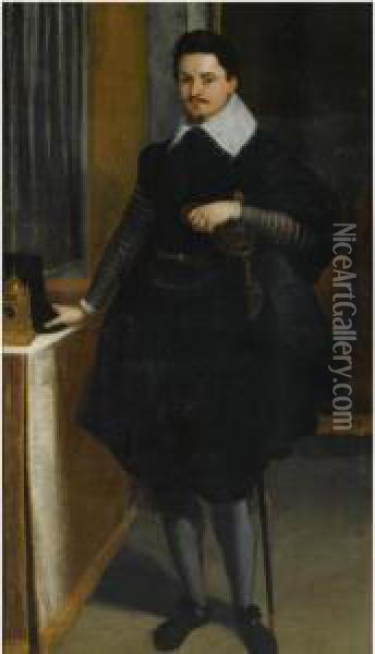 Portrait Of A Gentleman, Full-length, Standing Beside A Table With A Clock Oil Painting - Ippolito Scarsella (see Scarsellino)