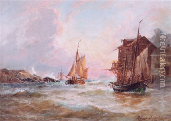 Marine Med Fiskerbade Ud For Klippekyst Oil Painting - Holger Henrik Herholdt Drachmann