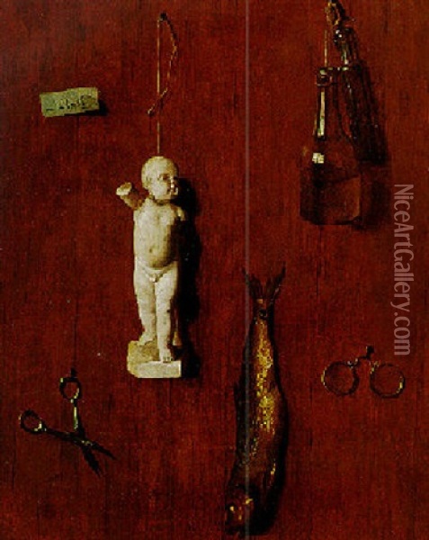 A Trompe-l'oeil Still Life Of Objects All Tacked To A Wood Wall Oil Painting - Louis Leopold Boilly