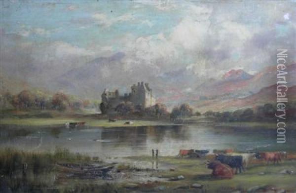 Kilchurn Castle With Cattle In The Foreground Oil Painting - Murray Macdonald