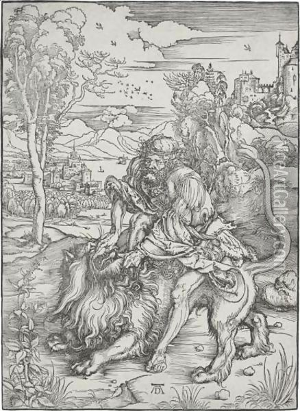 Samson Fighting With The Lion Oil Painting - Albrecht Durer
