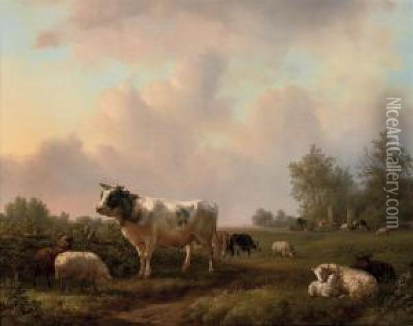 Cattle Grazing In The Pasture Oil Painting - Jan Bedijs Tom