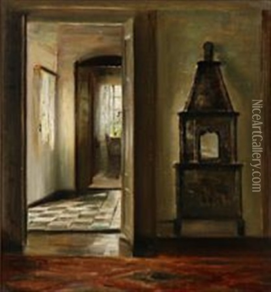 Interior With An Oven And A Sunlit Hallway Oil Painting - Carl Vilhelm Holsoe