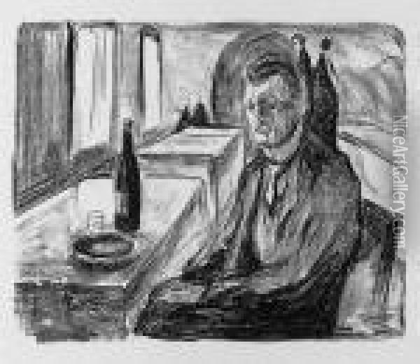 Selbstportrait Mit Einer Flasche Wein Oil Painting - Edvard Munch