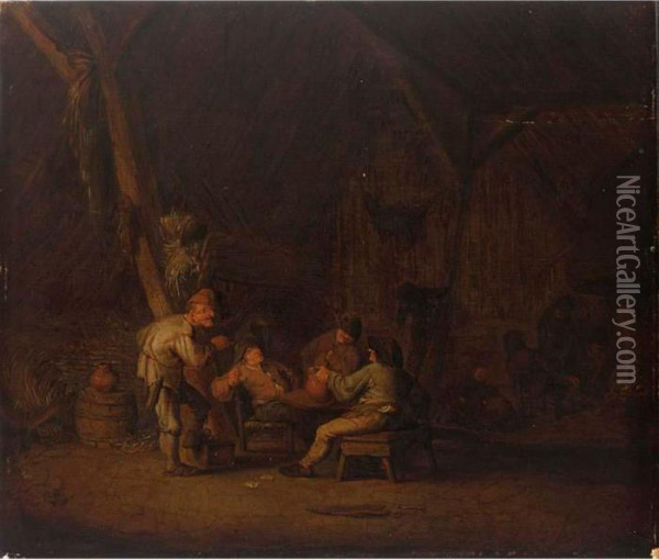 A Barn Interior With Peasants Smoking And Drinking Oil Painting - Adriaen Jansz. Van Ostade