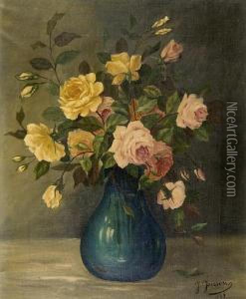 Still Life Of Roses In A Vase Oil Painting - Johannes Jensen