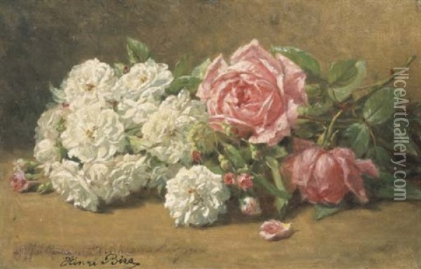 Bouquet De Roses Blanches Et Rouges Oil Painting - Henri Biva