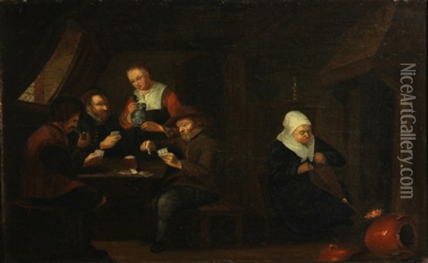 Figures Playing Cards In A Tavern Oil Painting - Abraham de Pape