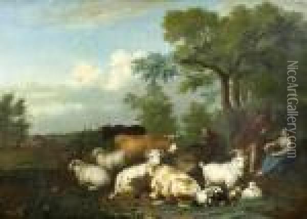 Cowherds In A Landscape Oil Painting - Jan van Gool