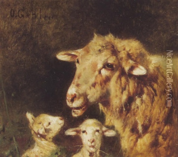 Schaf Und Zwei Lammer Oil Painting - Otto Friedrich Gebler