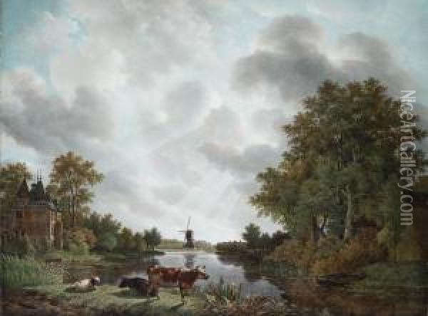 Hollandische Flusslandschaft Mit Schloss, Windmuhle Und Vieh Oil Painting - Adrianus Van Der Koogh