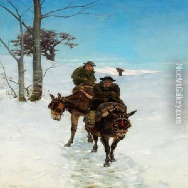Two Men On Donkeys In The Snow Oil Painting - Stefano Bruzzi
