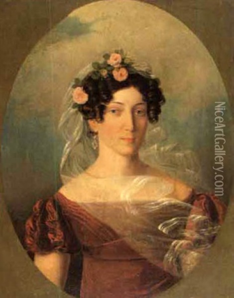 Portrat Einer Jungen Frau Mit Rosen Im Haar Oil Painting - Friedrich Johann Gottlieb (Franz) Lieder