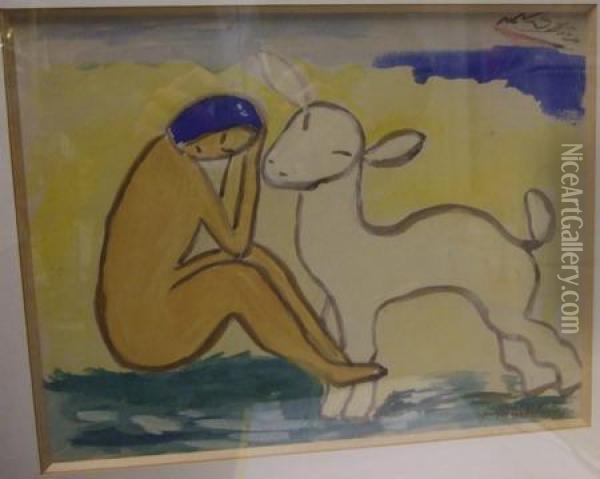 L'enfant Au Mouton Oil Painting - Isaac Mintchine
