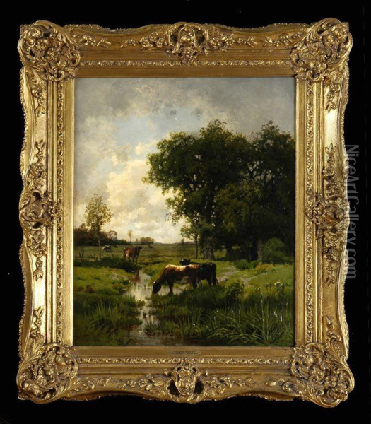 Meadow Stream With Cows Oil Painting - Charles Harry Eaton