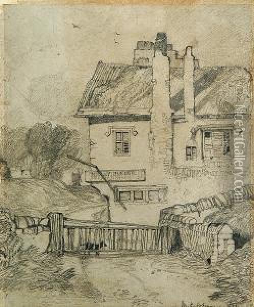 Country Cottage With Windmill Beyond Oil Painting - Miles Edmund Cotman