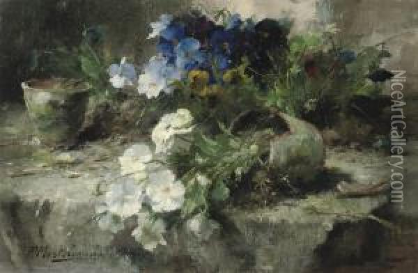 White And Blue Violets Oil Painting - Frans Mortelmans