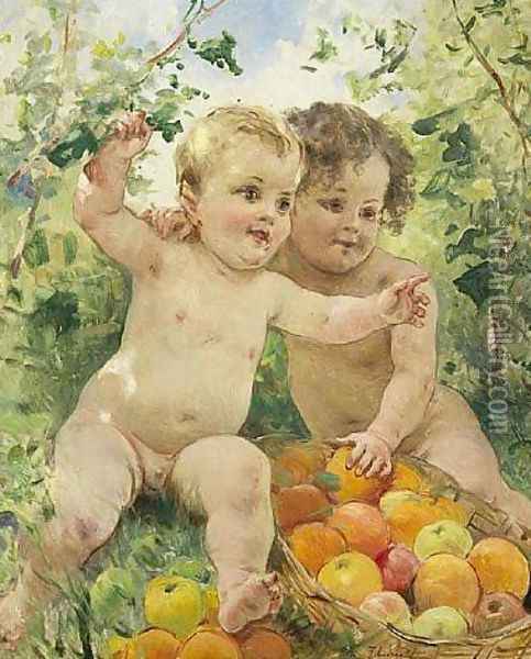 Two children with a fruit basket Oil Painting - Federico Andreotti