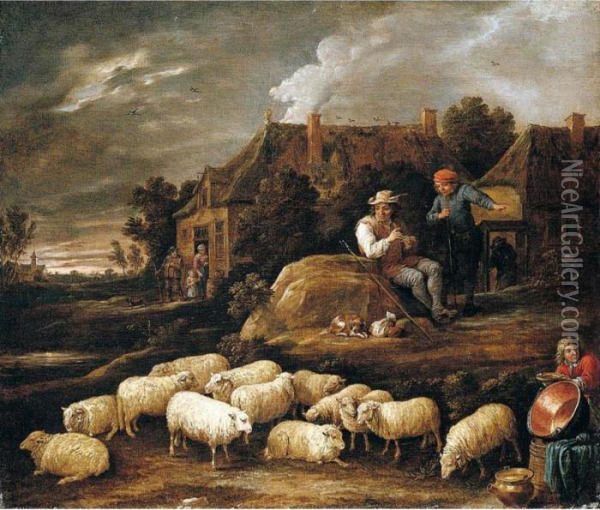 A Shepherd Tending His Sheep And
 Conversing With A Traveller At The Edge Of A Village, A Boy Collecting 
Water In The Foreground Oil Painting - David The Younger Teniers