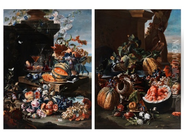 Stilleben Mit Blumen, Fruchten, Glasern Und Prunkgefass (pair) Oil Painting - Christian Berentz