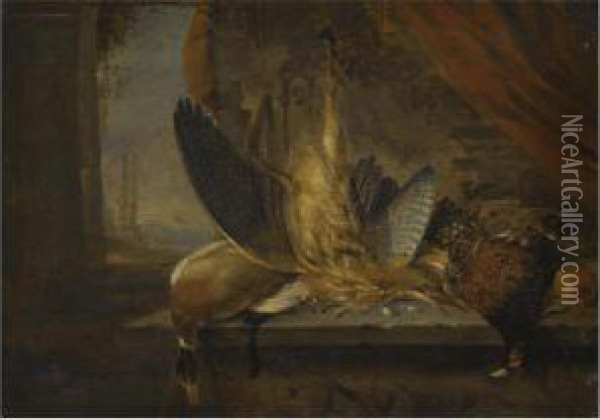 A Still Life Of Game With A Mallard Drake, A Bittern And A Cock Pheasant On A Stone Ledge, A Coastal View Beyond Oil Painting - Jacobes Vonck