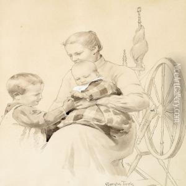 Mother Andchildren By The Spinning Wheel Oil Painting - Gerda Maria Rydberg Tiren