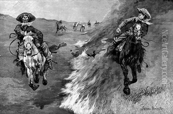 Dragging a Bull's Hide over a Prairie Fire in Northern Texas Oil Painting - Frederic Remington