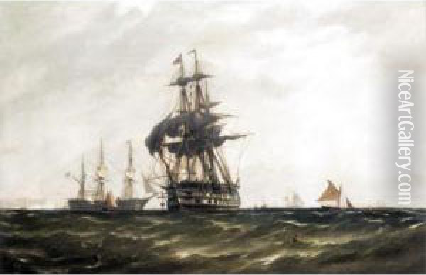 A Man-o-war Sailing Near Dover Oil Painting - Richard Henry Nibbs