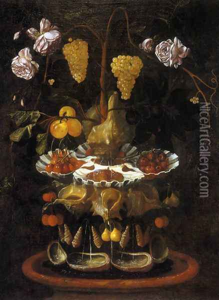 Still-Life with a Shell Fountain, Fruit and Flowers c. 1645 Oil Painting - Juan De Espinosa