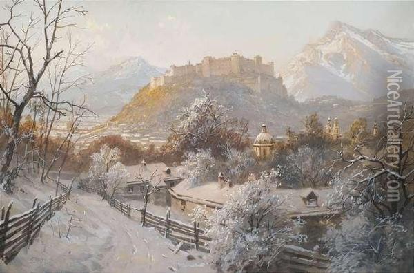 View From Hilltop Tosalzburg In Winter. Oil Painting - Georg Janny