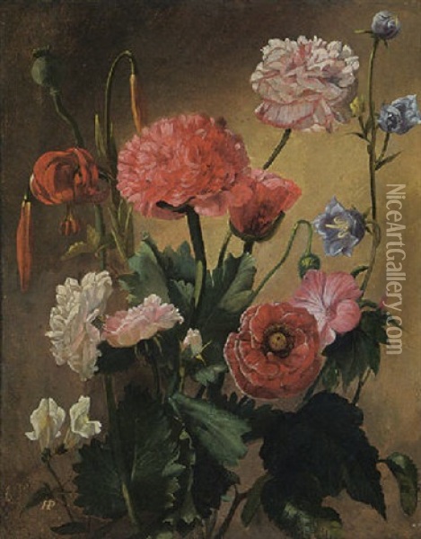 A Still Life With Carnations, Roses And Other Flowers Oil Painting - Pierre Saint-Ange Poterlet