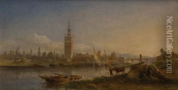 Vista De Sevilla Con El Rio Gualdalquivir Y La Giralda Al Fondo Oil Painting - Edward Alfred Angelo Goodall