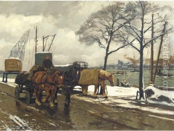 On A Snowy Quay In Rotterdam Oil Painting - Gijsbertus Johannes Van Overbeek