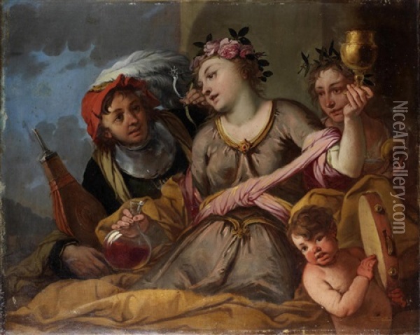 Joy Seated Between Obstinacy And Vigilance Oil Painting - Giulio Carpioni