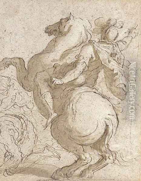 A cavalier on a rearing horse, crouching figures to the left Oil Painting - Palma Vecchio (Jacopo Negretti)