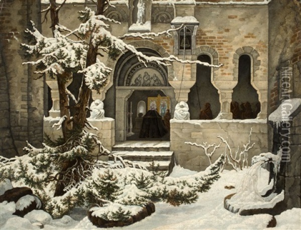 Monastery Courtyard In The Snow Oil Painting - Jacob Gensler