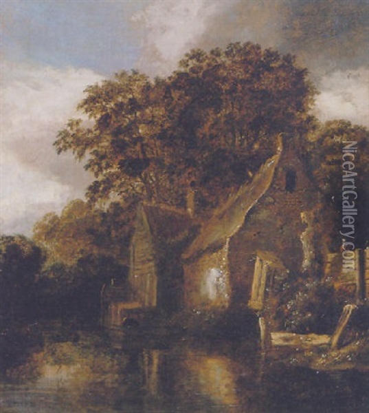 A Wooded River Landscape With A Figure In A Rowing Boat Beside A Cottage Oil Painting - Cornelis Gerritsz Decker