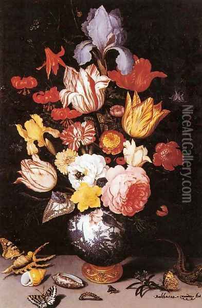 Flower Still-Life with Shell and Insects Oil Painting - Balthasar Van Der Ast