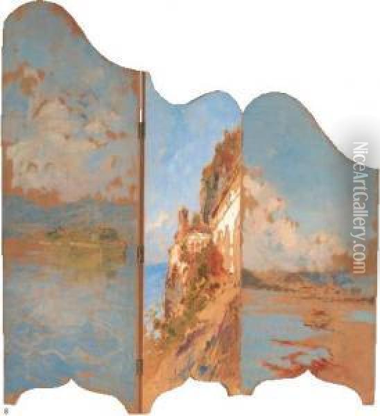 Piccolo Paravento Con Vedute Del Lago Maggiore Oil Painting - Eugenio Gignous