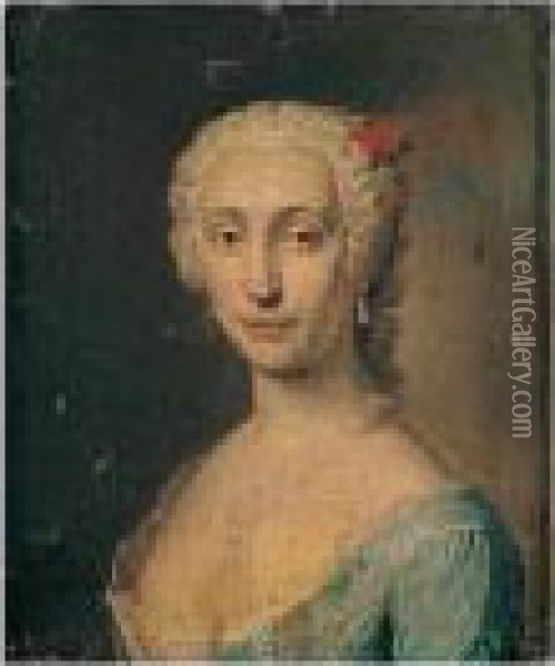 Portrait Of A Lady, Head And 
Shoulders, Wearing A Blue Lace-trimmed Dress And A Red Flower In Her 
Hair, Traditionally Thought To Be Princess Maria Clementina Sobieska 
(1702-1735) Oil Painting - Jacopo (Giacomo) Amigoni