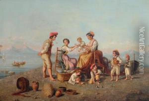 Famigliola Di Pescatori Sullo Sfondo Del Vesuvio Oil Painting - Gaetano Mormile