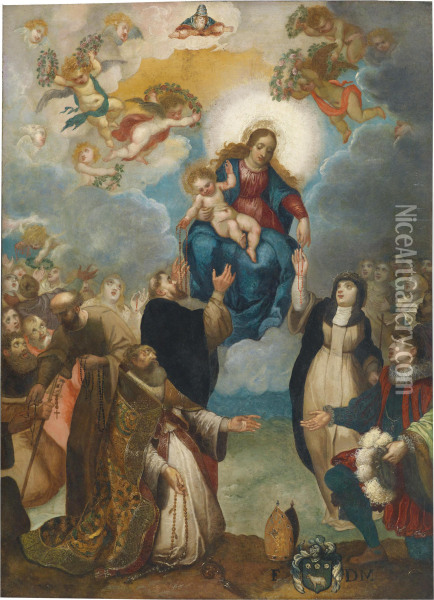 Presenting St.catherine With A Garland Of Roses Oil Painting - Giulio Cesare Angeli